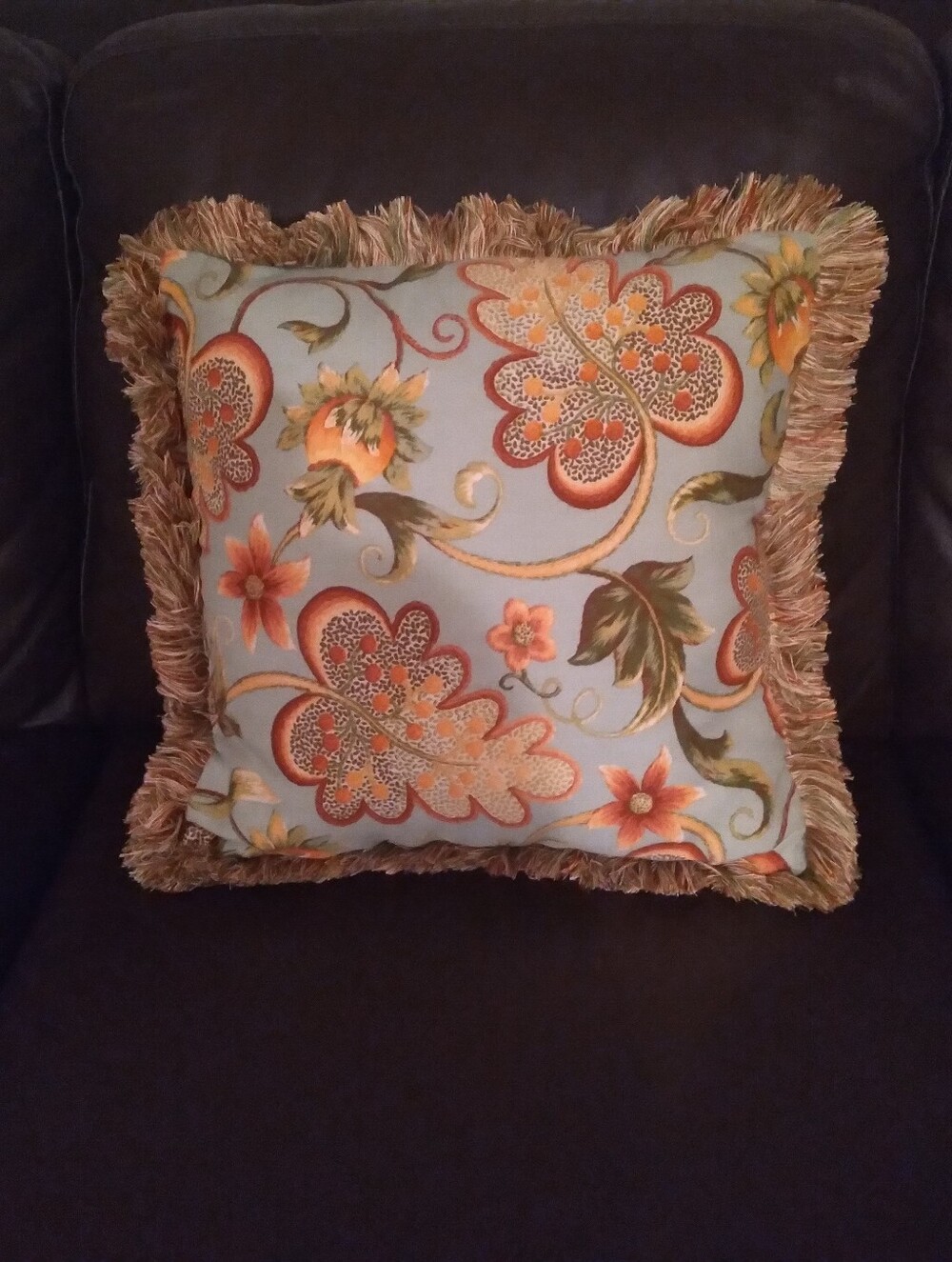 TWO Decorative Floral Fringe Throw Pillow in Light Blue and Orange
